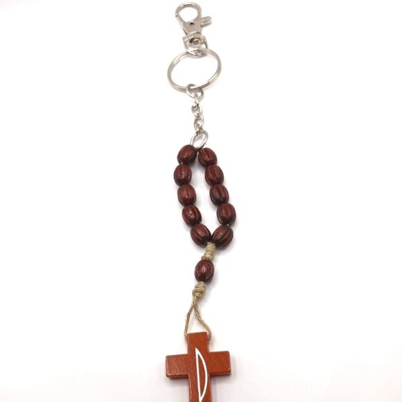 Wood Beaded + Wood Cross 8 Inch Keychain or Purse Charm - Picture 3 of 5